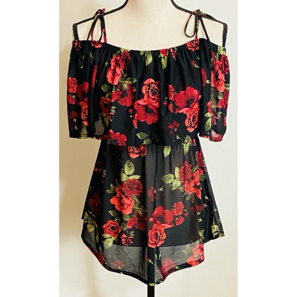 Sirenlily Maternity Off Shoulder Floral Top Blouse Black Red Roses Mesh Size S